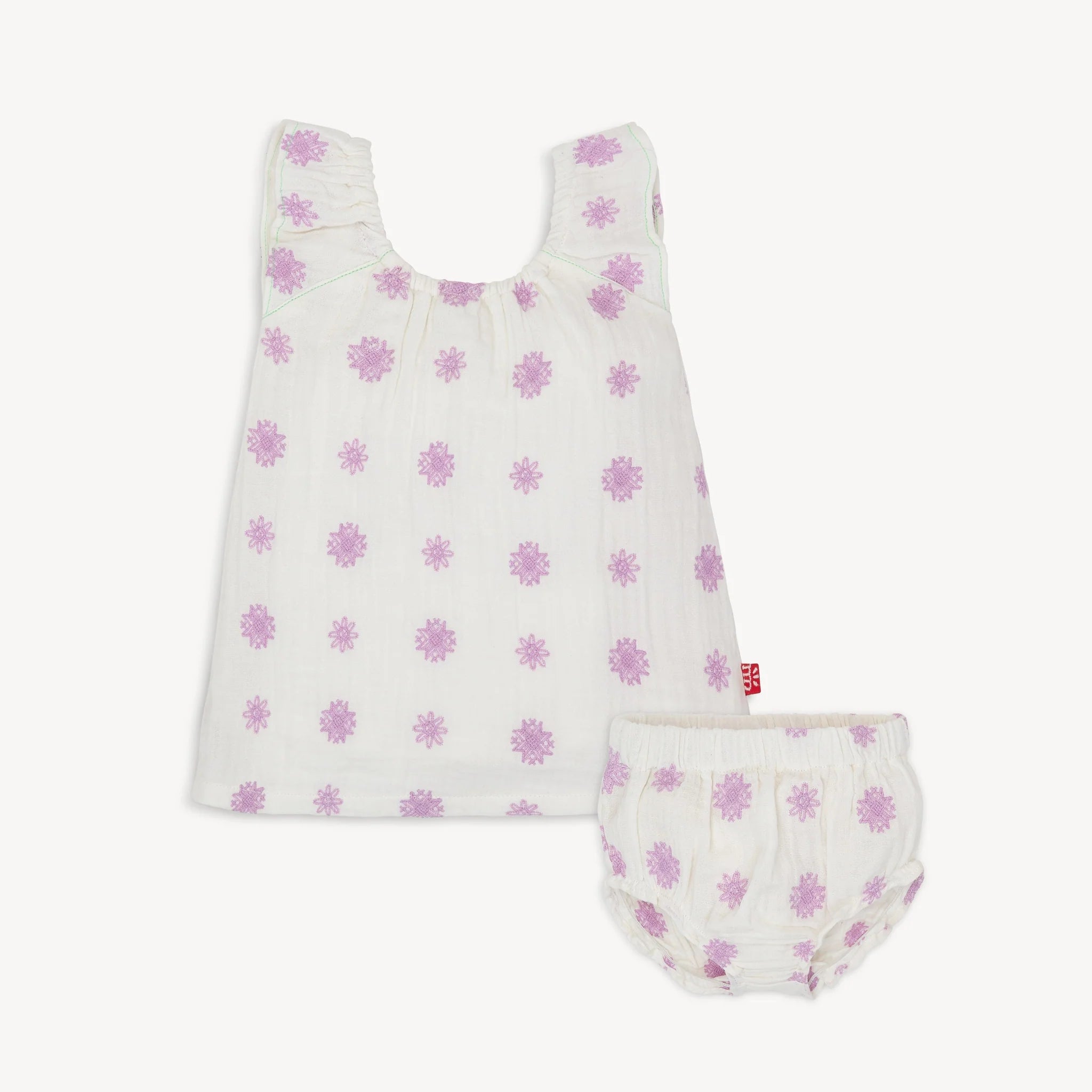 Lilac embroidery cotton gauze magnetic little baby short sleeve dress + diaper cover set