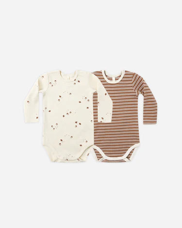Ribbed Bodysuit, 2 Pack || Cedar Micro Stripe, Acorns