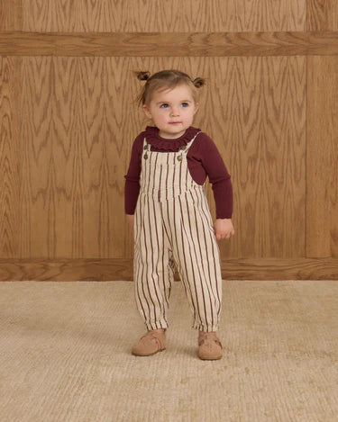 Vintage Overall + Ruffled Collared Body|| Burgundy Stripe