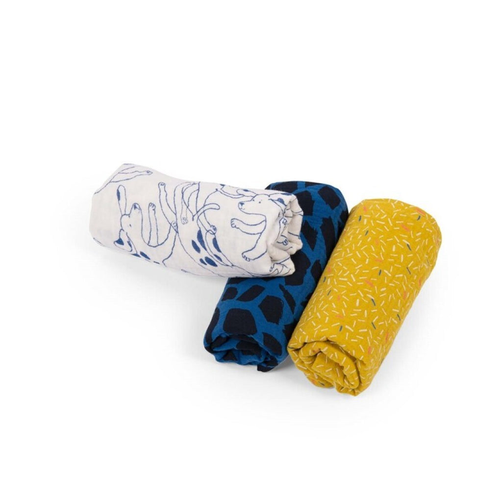 Juego de 3 muselinas (azul/amarillo/perros azules)