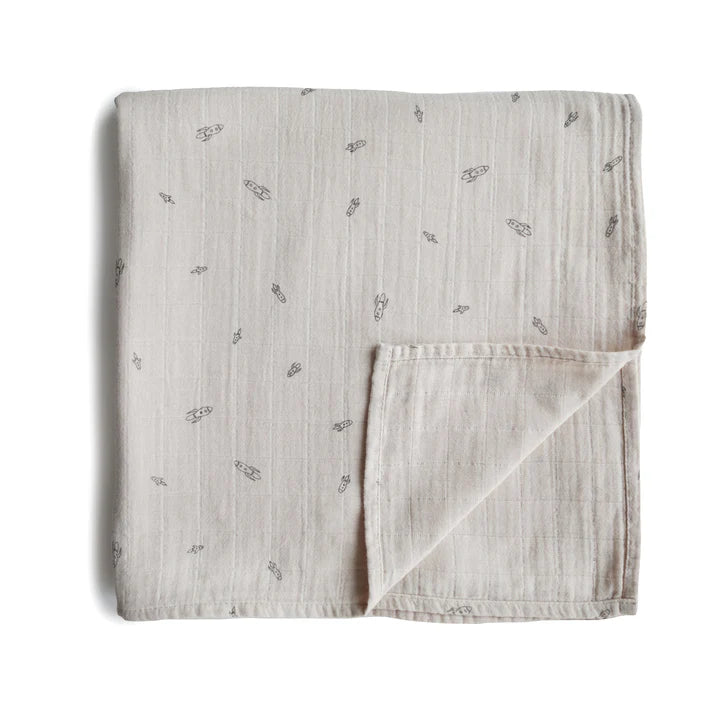 Organic Cotton Muslin Swaddle Blanket-Rocket Ships