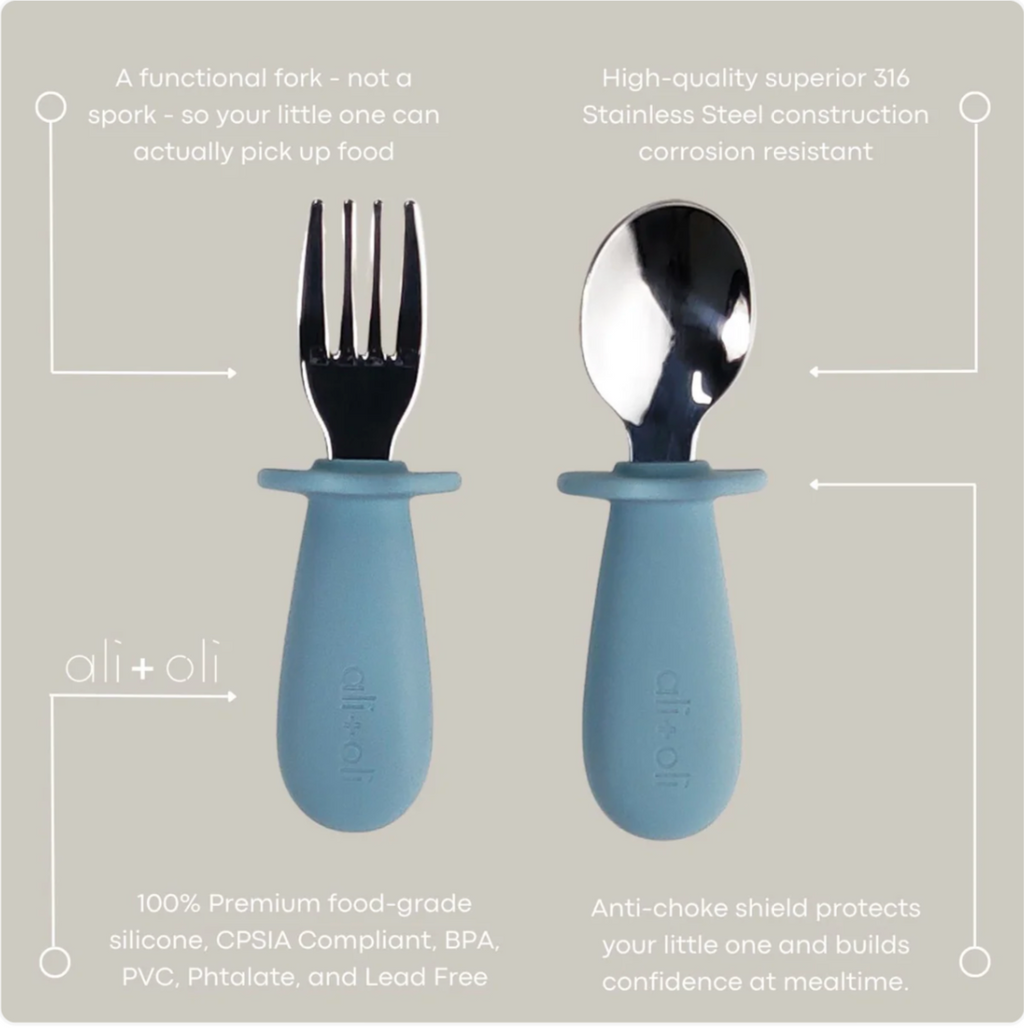 Ali+Oli Spoon & Fork Learning Set for Toddlers (Powder Blue) 6m+