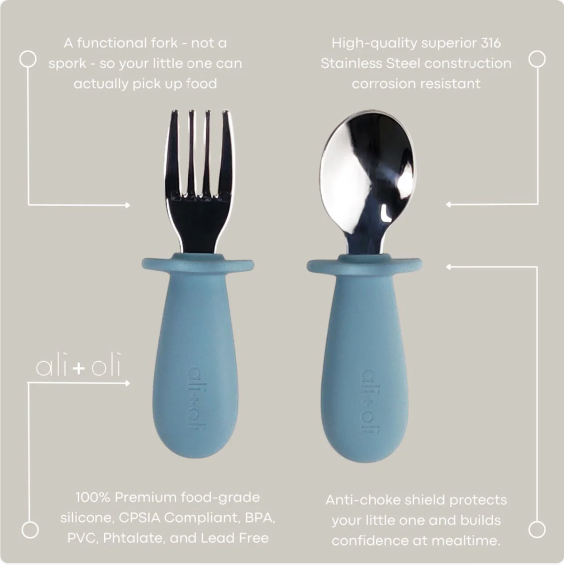 Ali+Oli Spoon & Fork Learning Set for Toddlers (Powder Blue) 6m+