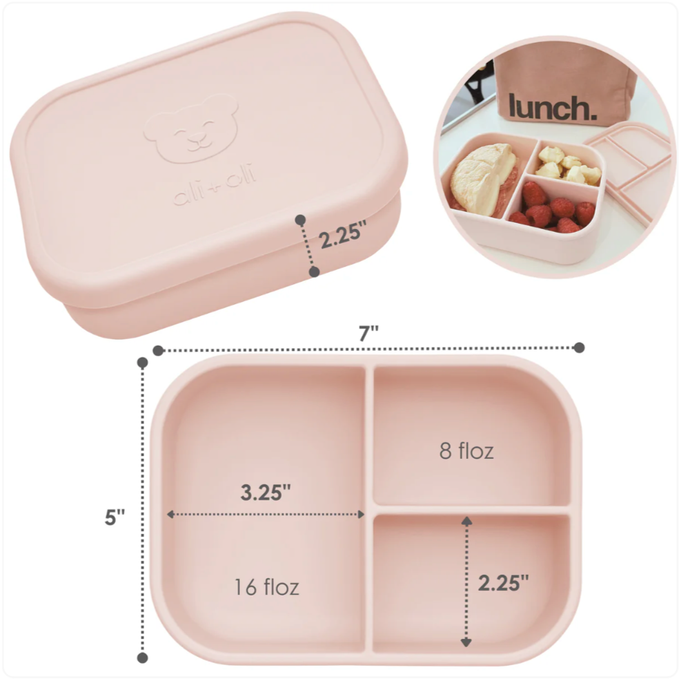 Ali+Oli Reusable Silicone Bento Box - 3 Compartments - Leakproof (Blush)