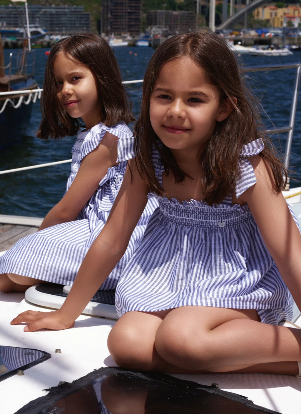 Blue & White Striped Smocked Bow Top & Shorts Set