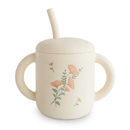 Silicone Training Cup + Straw-Pink Flowers