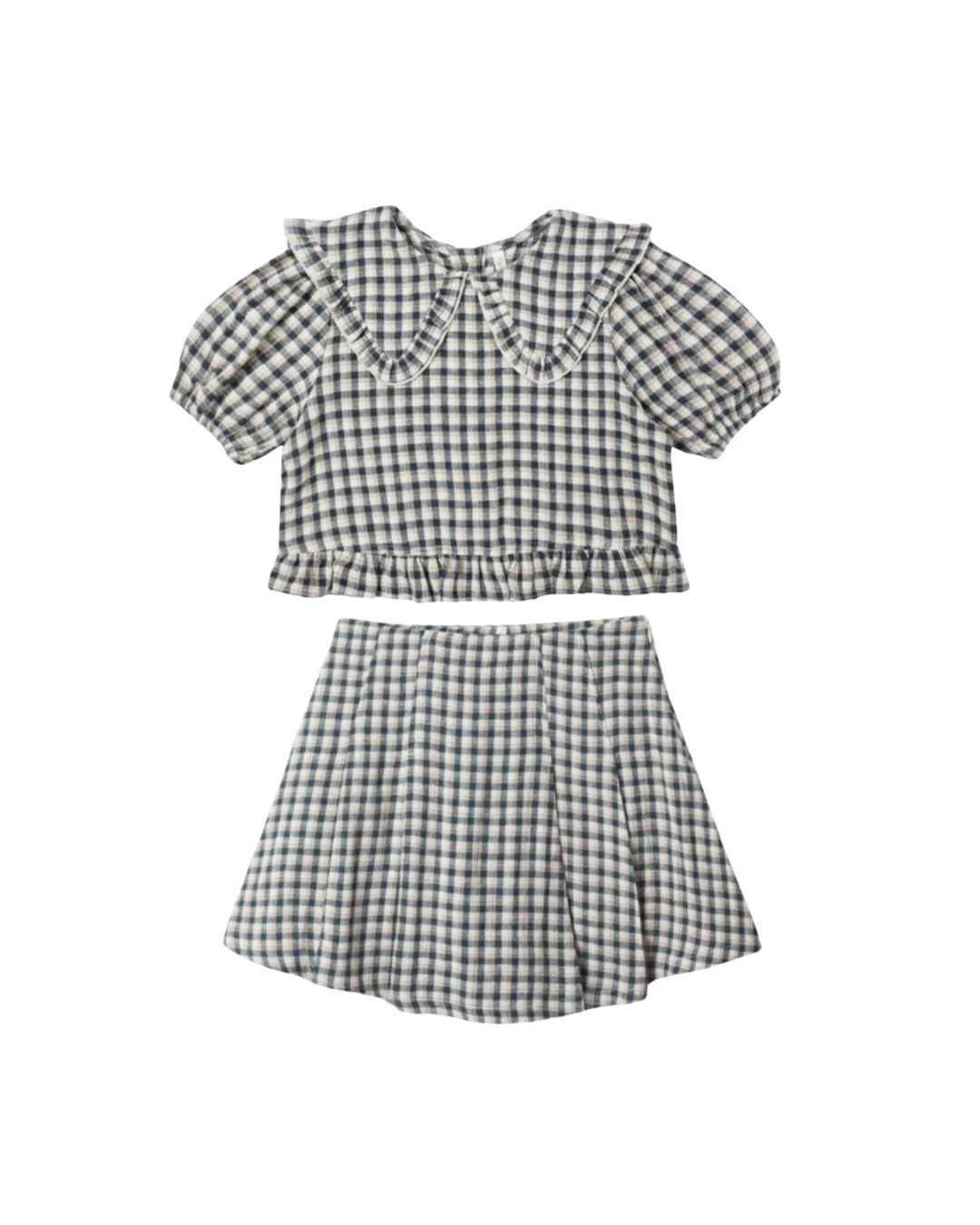 Prairie Blouse + Pleated Mini Skirt || Navy Check