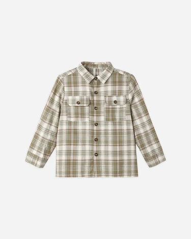 Pocketed corduroy shirt olive dobby plaid