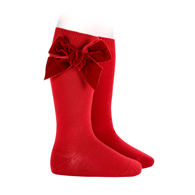 Cotton knee socks with side velvet bow