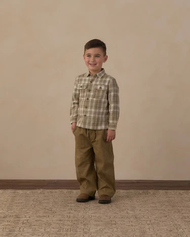 Pocketed corduroy shirt olive dobby plaid