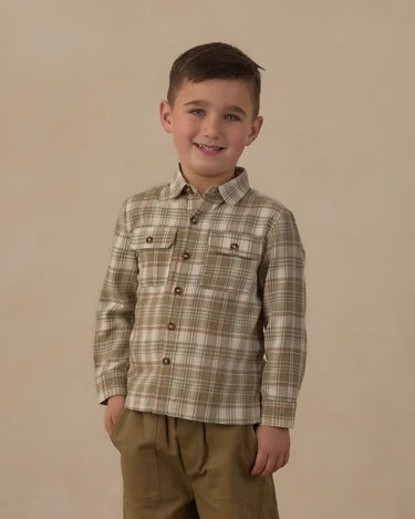 Pocketed corduroy shirt olive dobby plaid