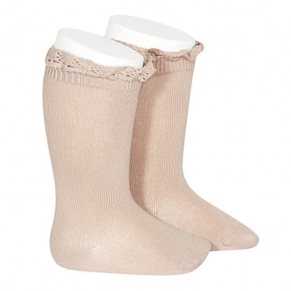 Knee socks with lace edging cuff