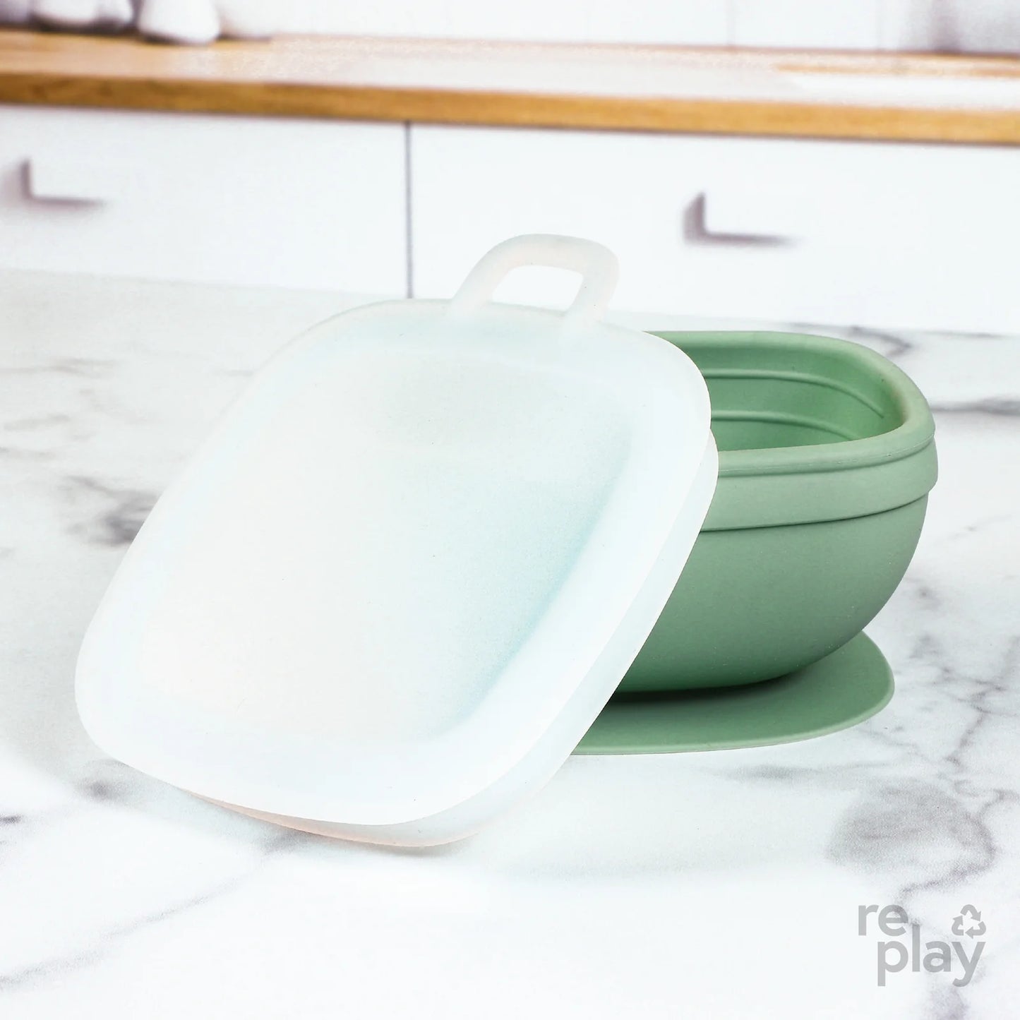 Silicone Suction Bowl with Press In Lid Green