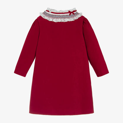 Girls Red Cotton Hand-Smocked Dress