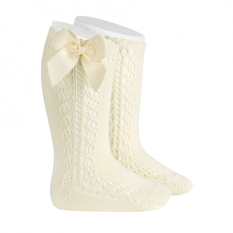 Side openwork warm cotton knee socks with bow