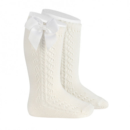 Side openwork warm cotton knee socks with bow