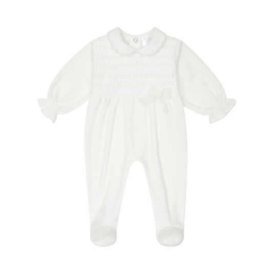 Velour Smocked Sleepsuit Off White