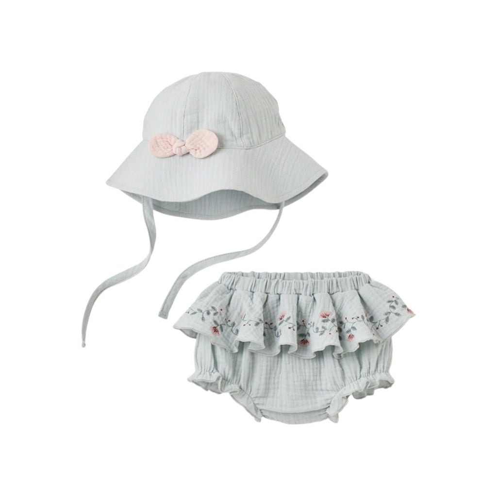 AQUA EMBROIDERED ORGANIC MUSLIN SUNHAT + BLOOMER SET