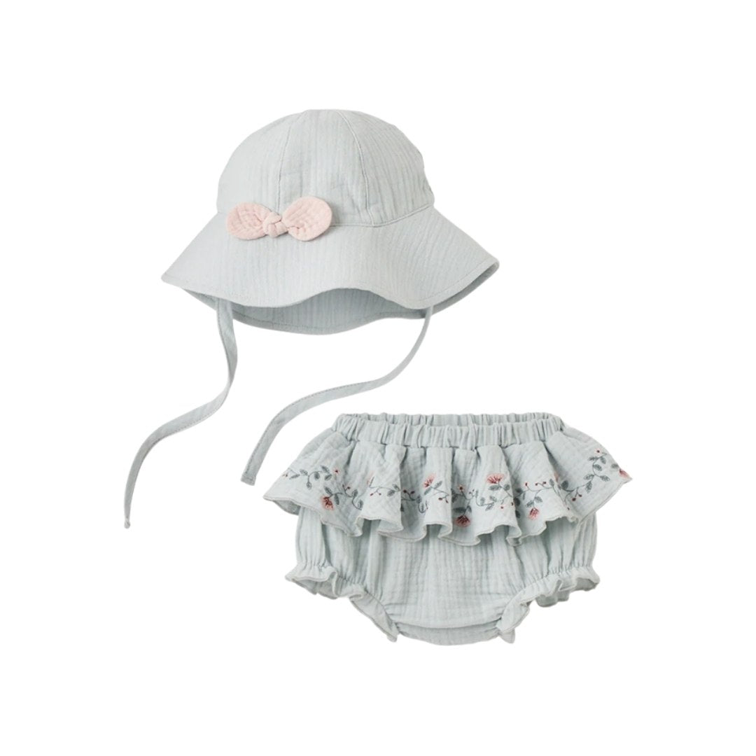 AQUA EMBROIDERED ORGANIC MUSLIN SUNHAT + BLOOMER SET