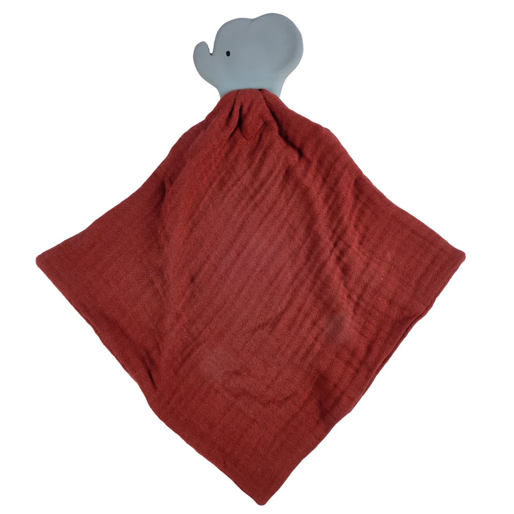 Elephant Barn Red Organic Muslin Comforter with Organic Natural Rubber Teether
