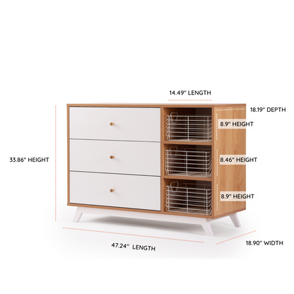 Central Park 3-drawer, two shelves dresser, white/red oak