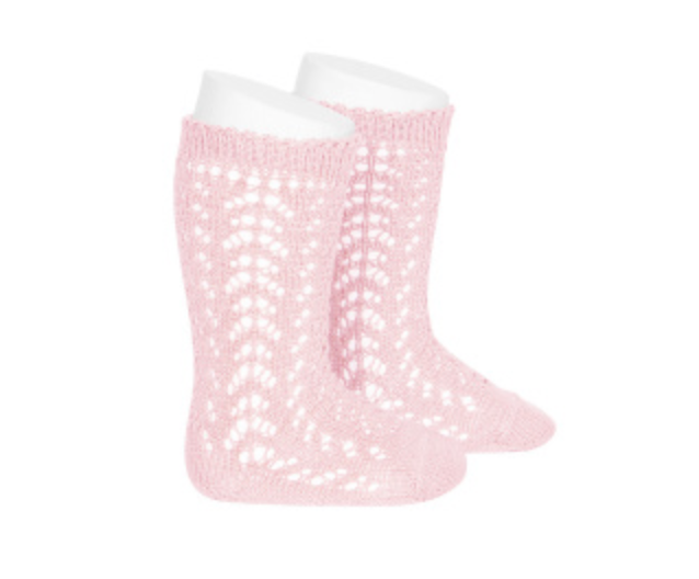 CALCETINES ALTOS ALGODÓN CALADO ROSA