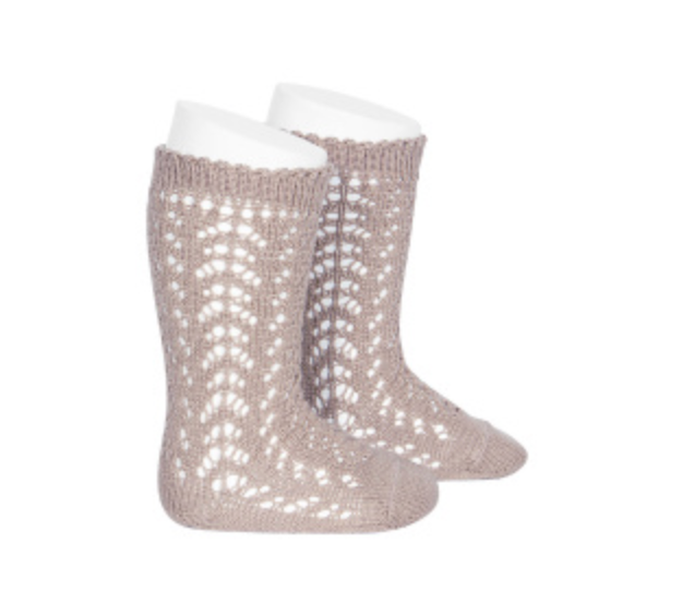 CALCETINES ALTOS ALGODÓN CALADO ROSA EMPOLVADO