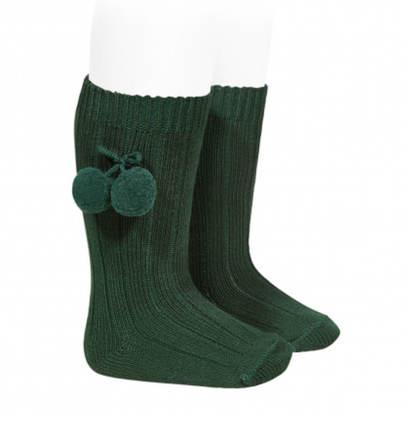 CALCETINES ALTOS CANALÉ ALGODÓN CÁLIDO BORLAS VERDE BOTELLA