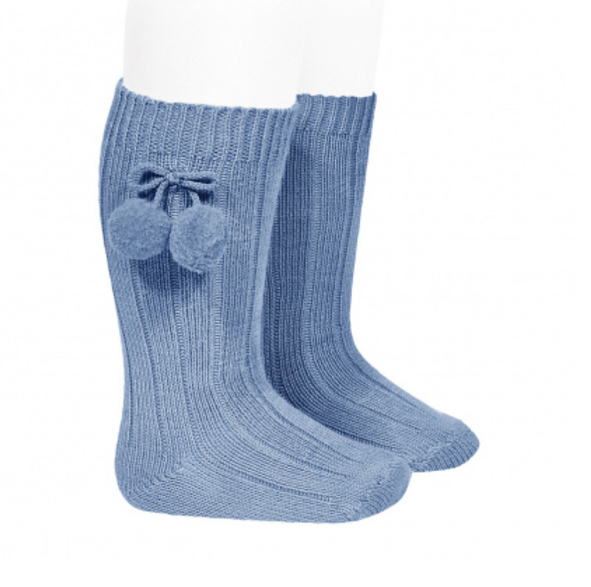 CALCETINES ALTOS CANALÉ ALGODÓN CÁLIDO BORLAS AZUL FRANCIA