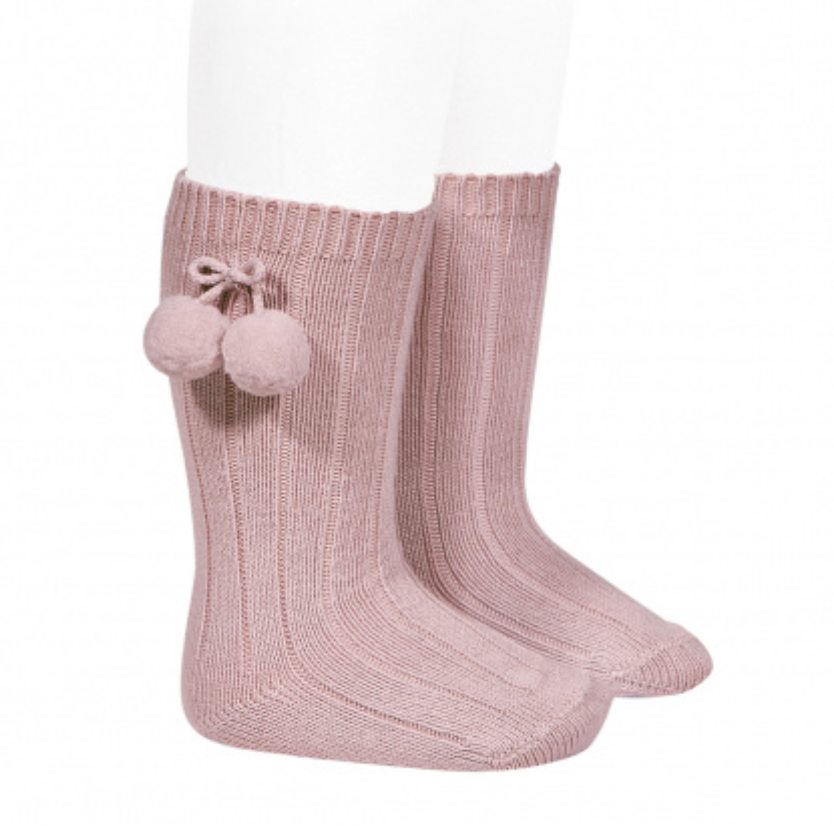 CALCETINES ALTOS CANALÉ ALGODÓN CÁLIDO BORLAS ROSA PALO