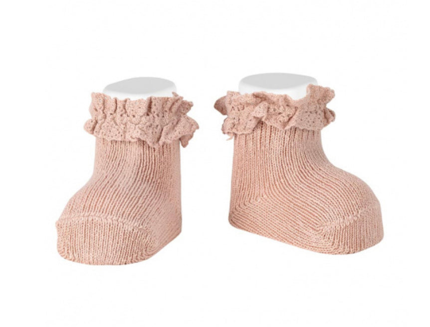 CALCETINES BEBÉ ALGODÓN CÁLIDO, PUNTILLA EN PUÑO ROSA EMPOLVADO
